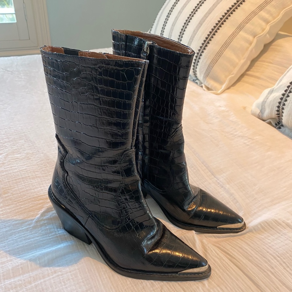 Zara Black Mock Croc Leather Cowboy Boots With Metal Toe